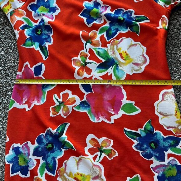 ILE New York Red Floral Midi Dress Womens 14 Bell Sleeves Tropical Whimsical - Picture 6 of 8